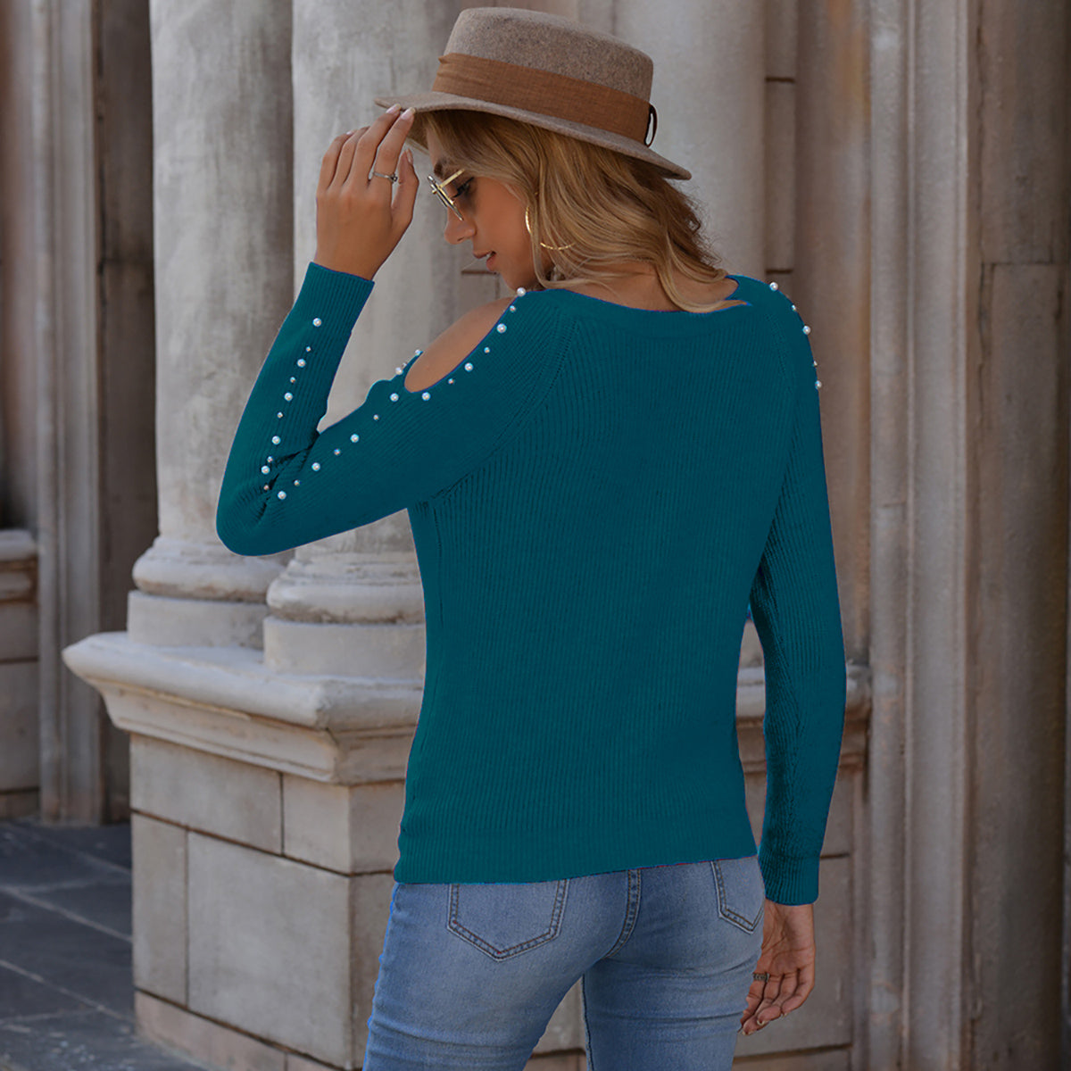 Pearl Patchwork Cold Shoulder Sweater