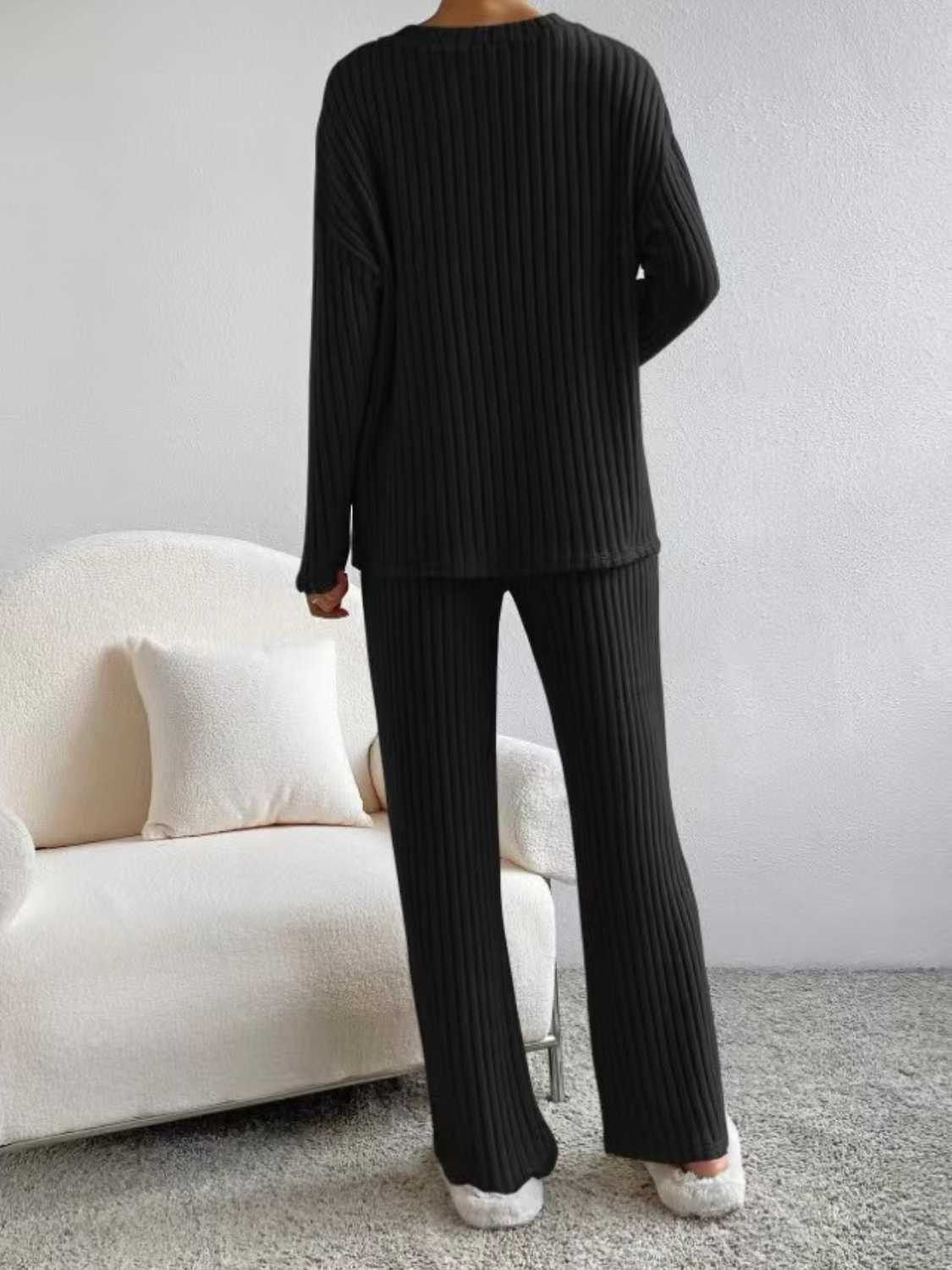 Ribbed V-Neck Long Sleeve Top and Pants Set