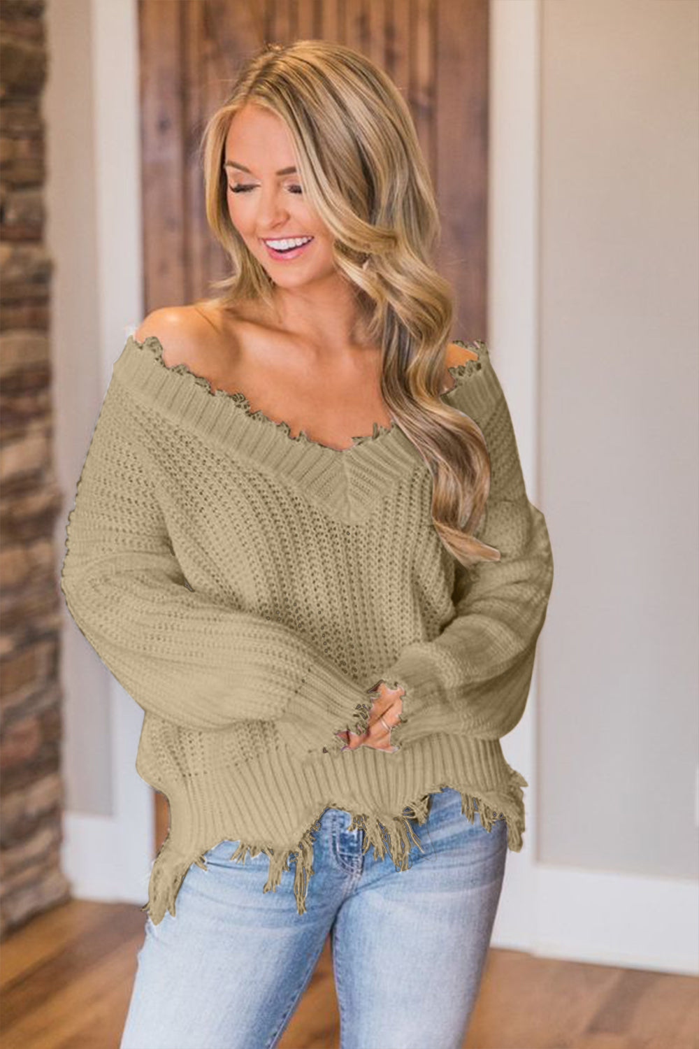 Frayed Hem Dropped Shoulder Sweater