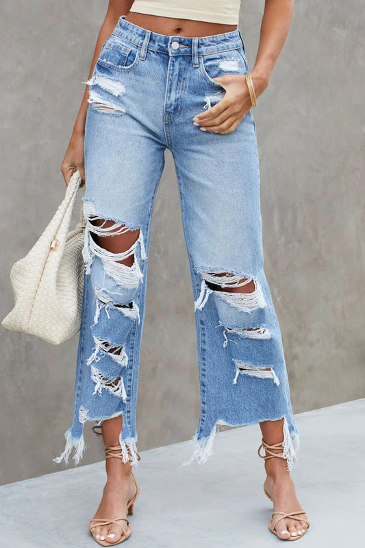 Distressed Raw Hem Jeans with Pockets