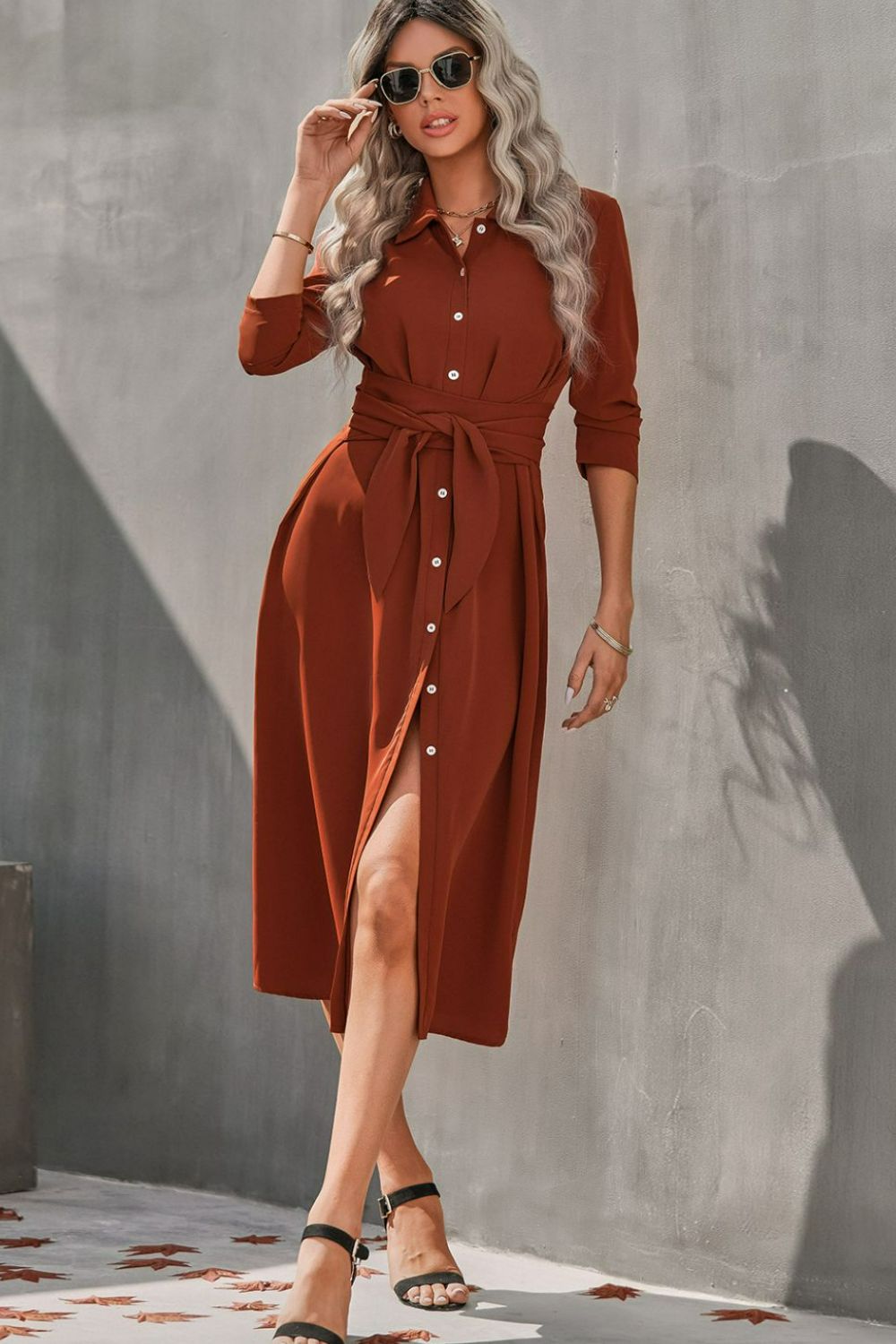 Collared Neck Tie Waist Midi Shirt Dress