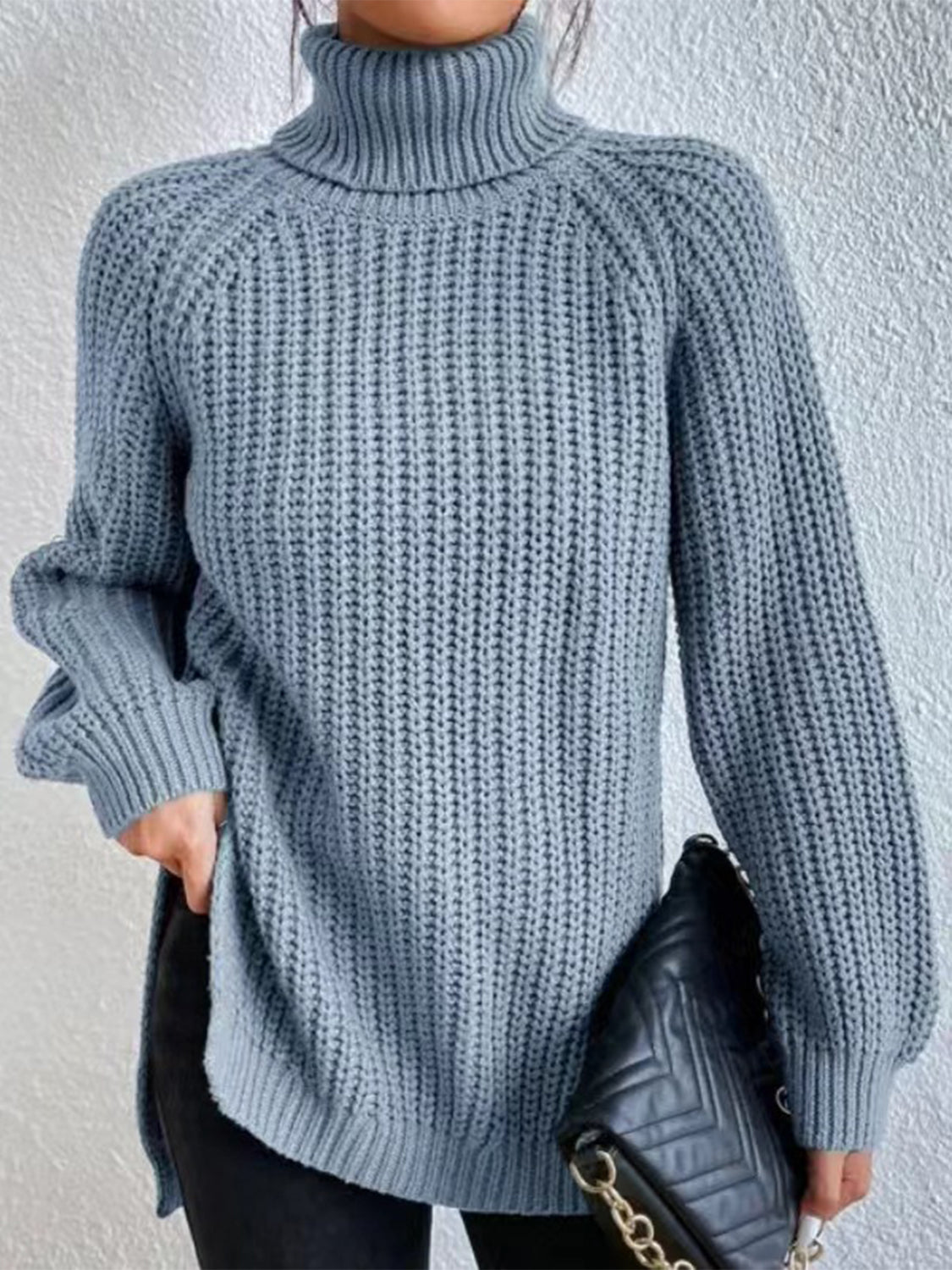 Full Size Turtleneck Rib-Knit Slit Sweater