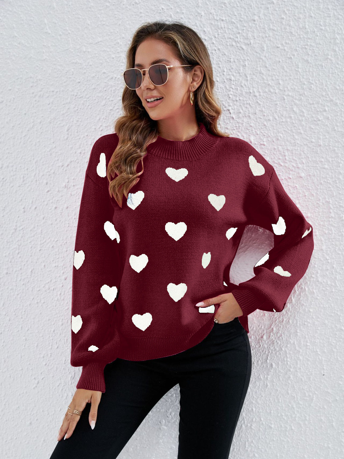 Heart Round Neck Dropped Shoulder Sweater