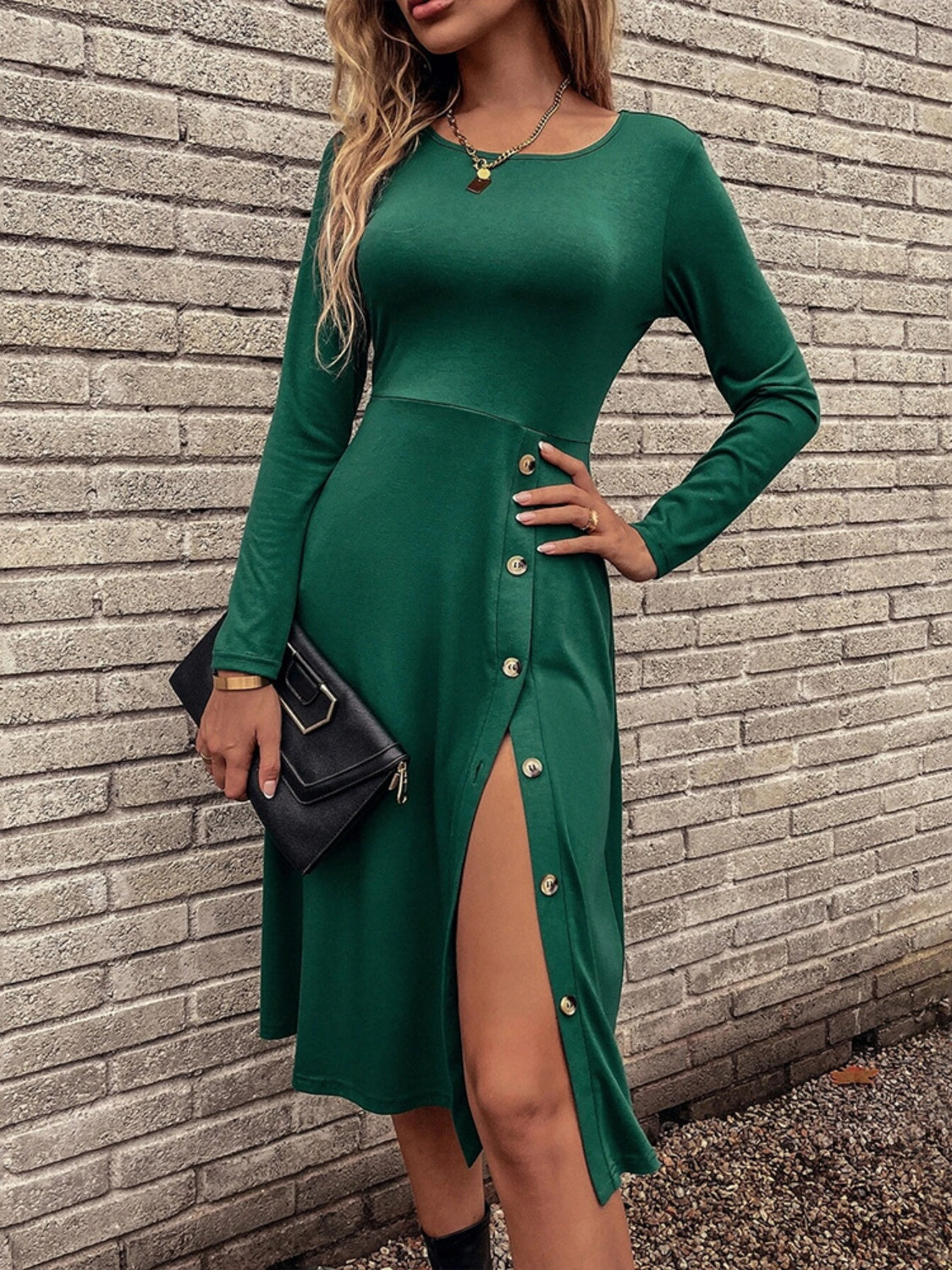 Slit Buttoned Round Neck Long Sleeve Dress