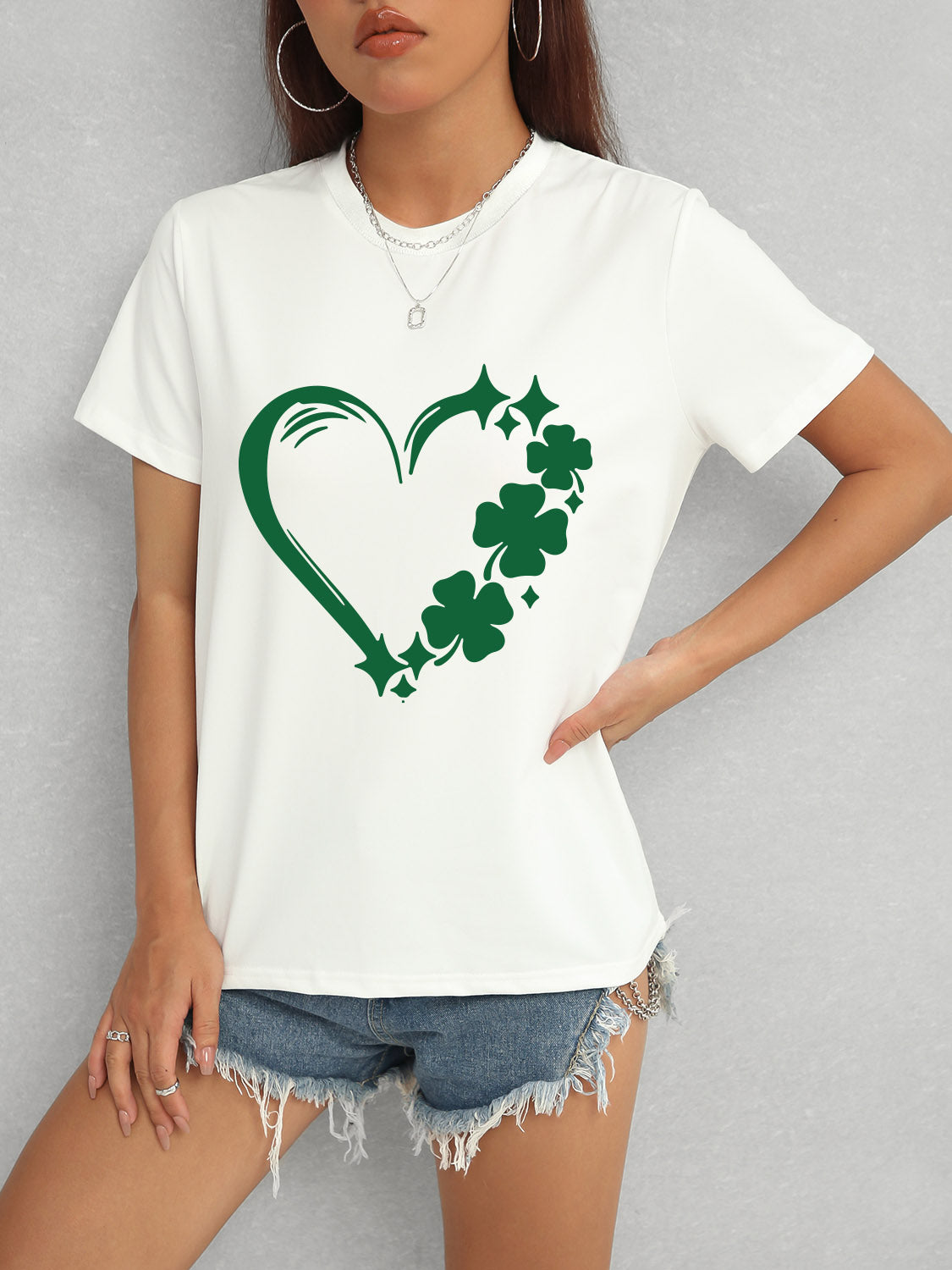 Heart Lucky Clover Round Neck Short Sleeve T-Shirt