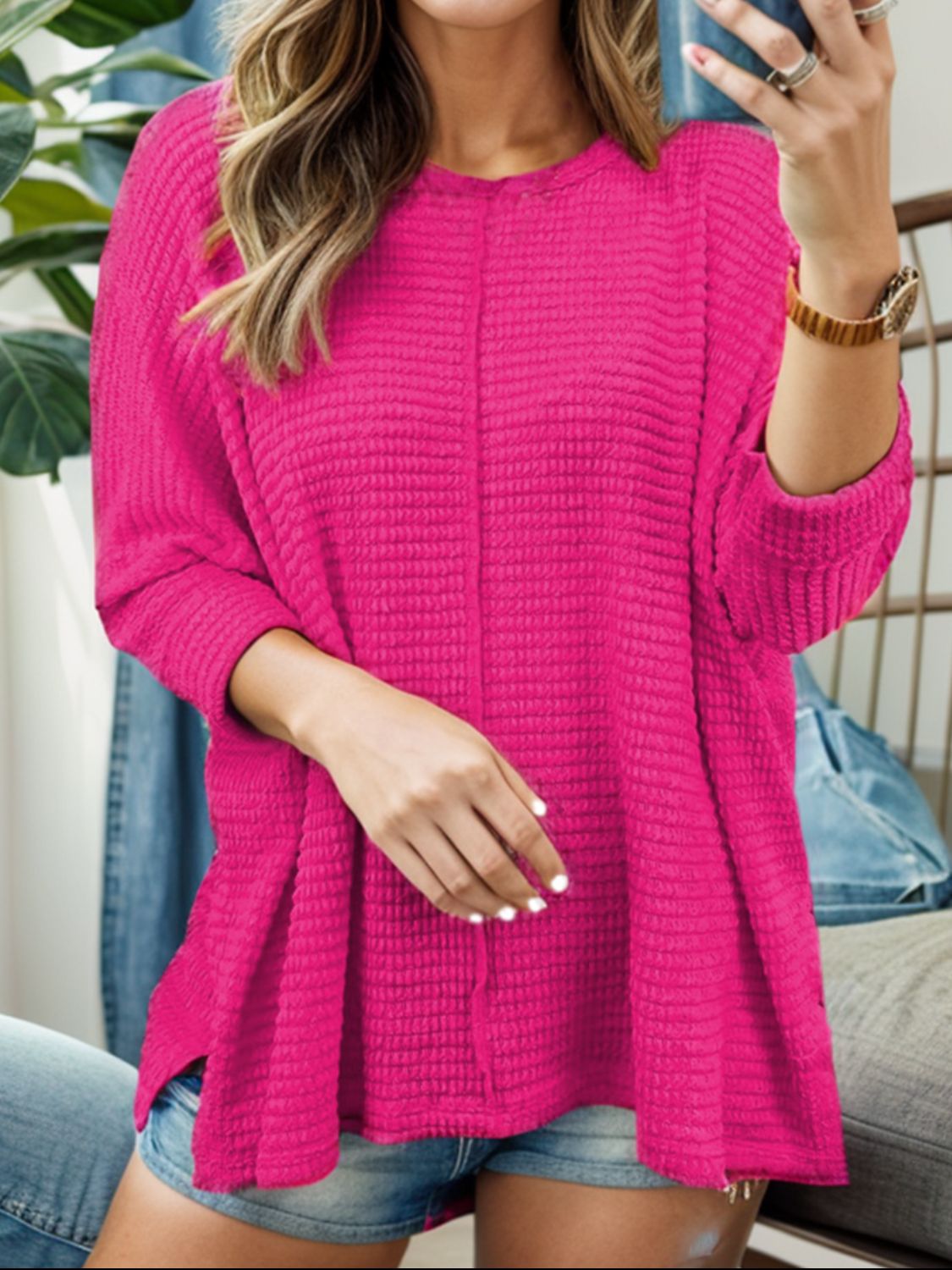 Round Neck Waffle Knit Slit Sweater