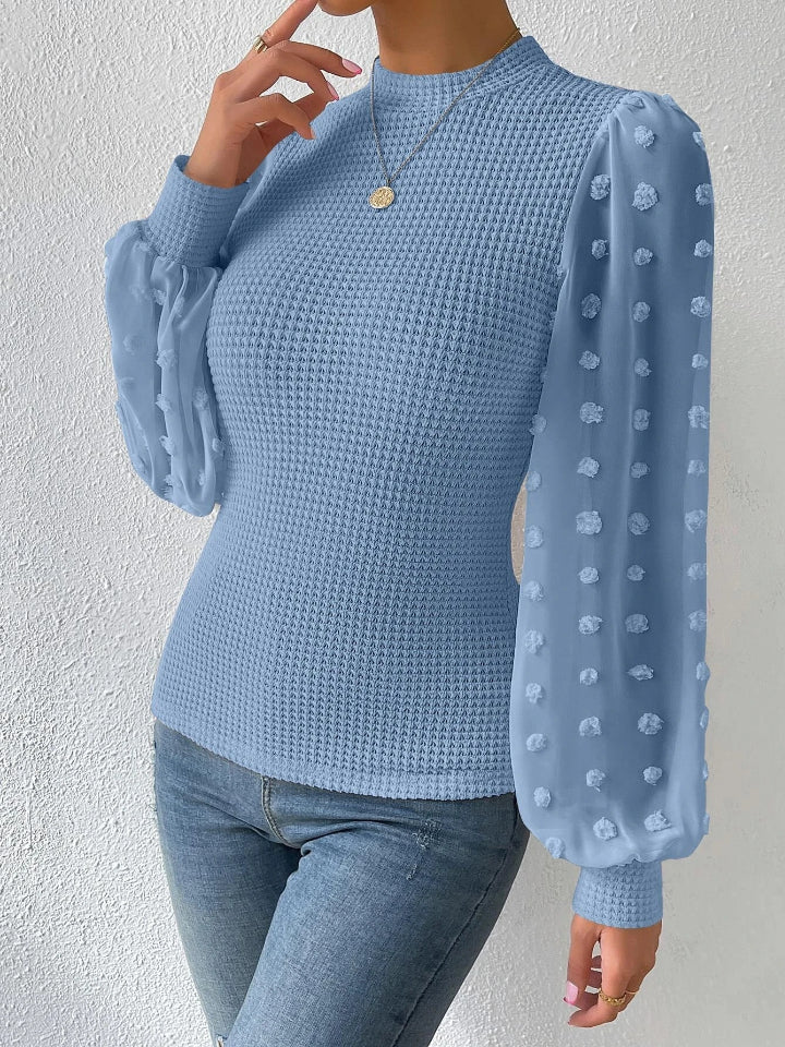 Swiss Dot Waffle-Knit Lantern Sleeve T-Shirt